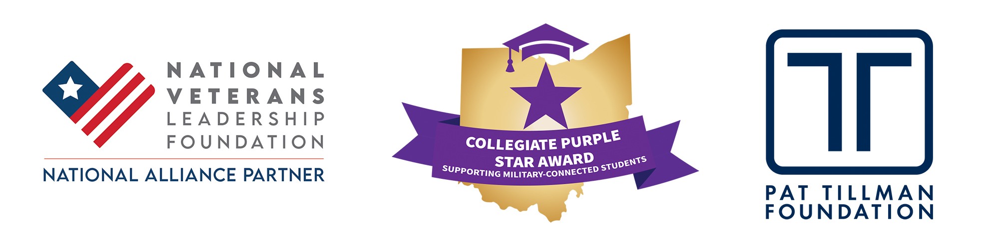 Logos of National Veterans Leadership Foundation, Collegiate Purple Star Award, and Pat Tillman Foundation