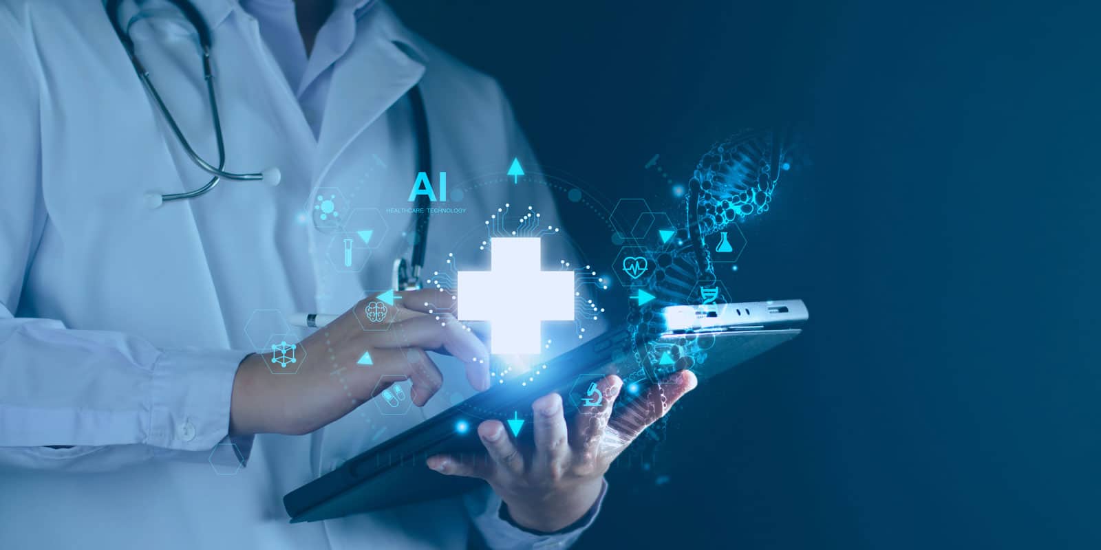 Male clinician using tablet with AI icons.