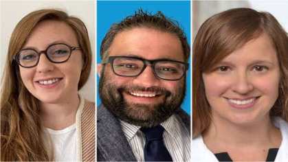 Three online bioethics master's students smile in their headshots as they showcase their bioethics careers.
