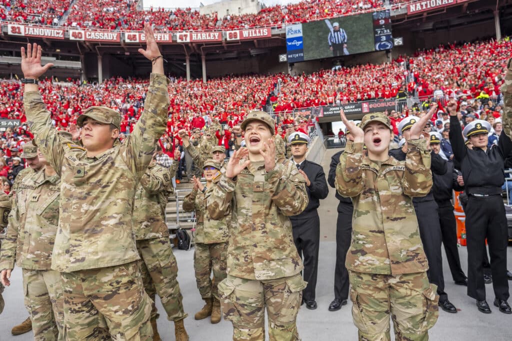 Military Students cheering at Ohio State football game