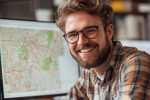 A GIS professional smiles while working.