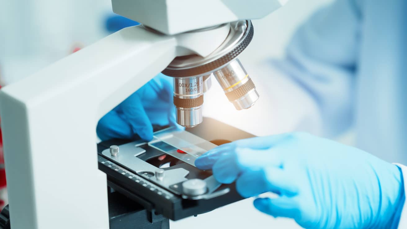 Close up image of medical laboratory technician using microscope.