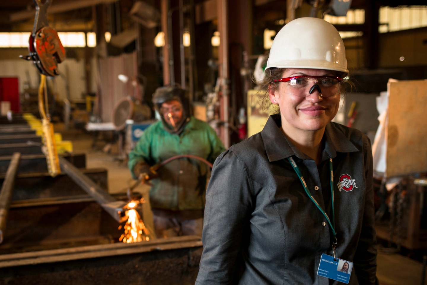 Karen Gilgenbach, Master of Science in Welding Engineering graduate on a welding job site