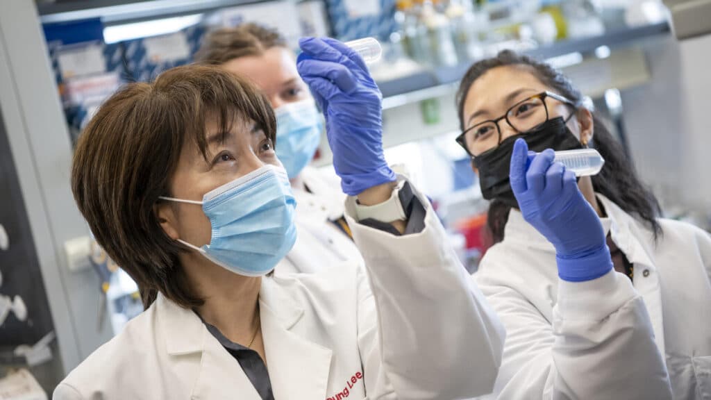 Professor Jiyoung Lee and graduate students in her water quality testing lab in the College of Public Health.